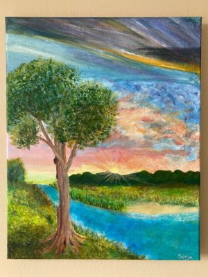 Unieke boom in landschap, acryl op doek, geeft weidsheid en vertrouwen weer